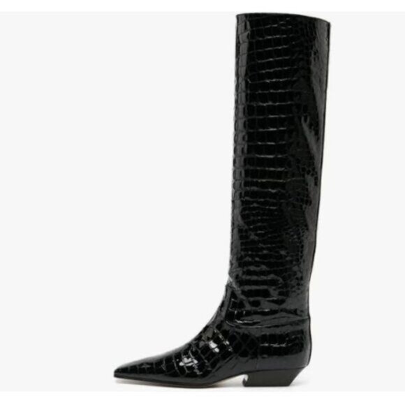 miss left Women Closed Square Toe Knee High Boot Wide Calf Low Chunky Heels Flat